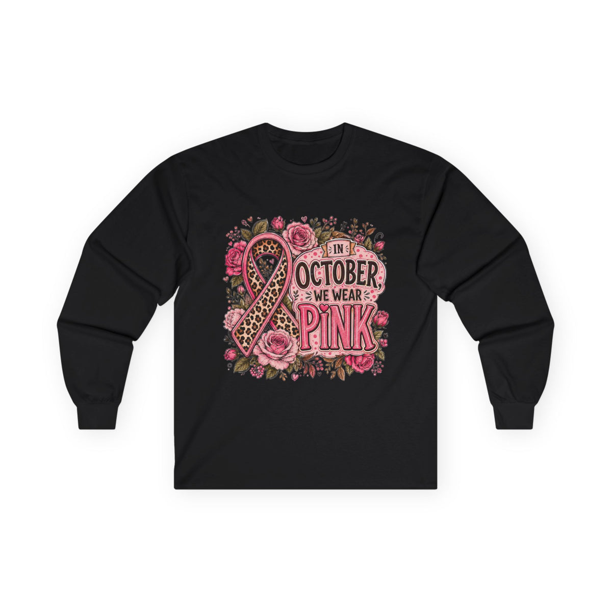 Breast Cancer Awareness Long Sleeve Tee — "In October We Wear Pink" Floral Ribbon