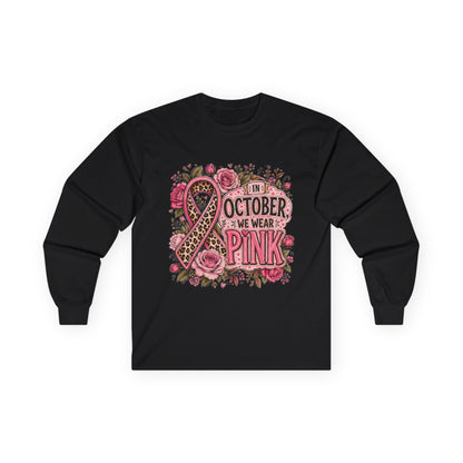 Breast Cancer Awareness Long Sleeve Tee — "In October We Wear Pink" Floral Ribbon