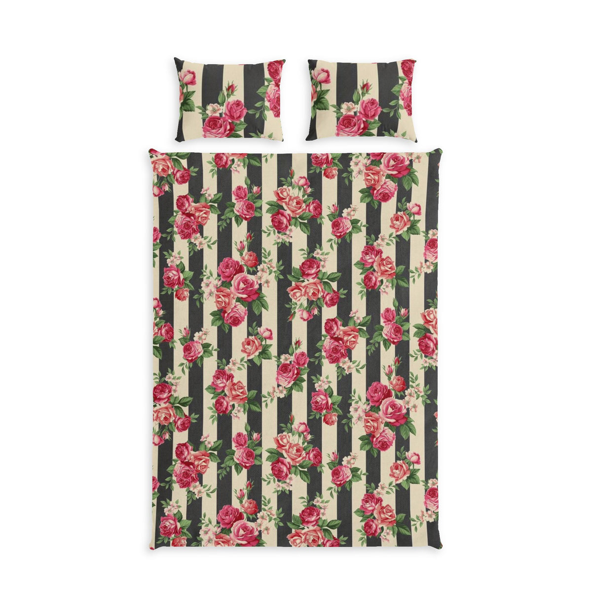 Floral Stripe Cotton Bed Set — Vintage Rose Duvet Cover & Pillowcases