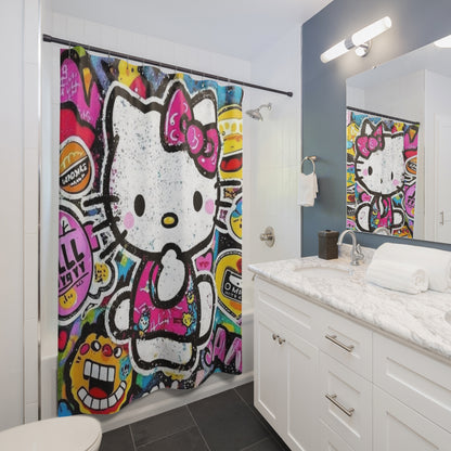 Hello Kitty Graffiti Shower Curtain — Colorful Street Art Bath Decor