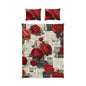 Rose Vintage Cotton Bed Set — Red Floral Duvet Cover with Script Print