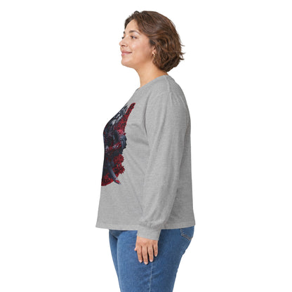 Samurai Wolf Long Sleeve Tee — Japanese Ink Red Moon Graphic