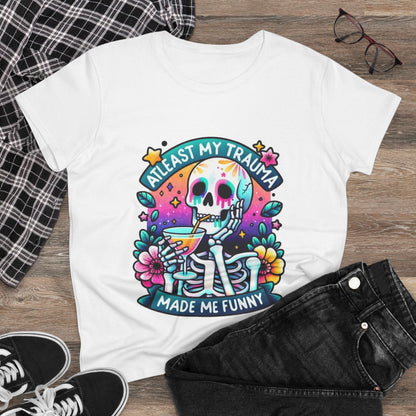 Funny Trauma Skeleton Tee – Women's Midweight Cotton Shirt, Casual Tee, Humorous Top, Gift for Friends, Birthday Gift, Quirky Apparel