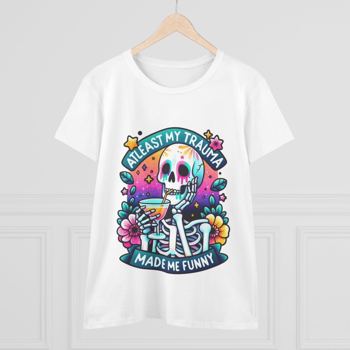 Funny Trauma Skeleton Tee – Women's Midweight Cotton Shirt, Casual Tee, Humorous Top, Gift for Friends, Birthday Gift, Quirky Apparel