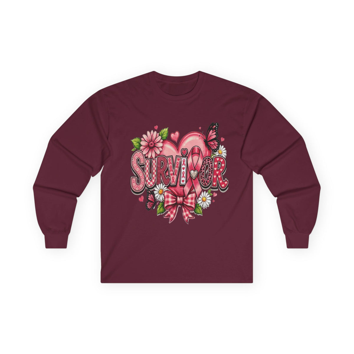 Survivor Floral Ribbon Long Sleeve Tee — Breast Cancer Awareness