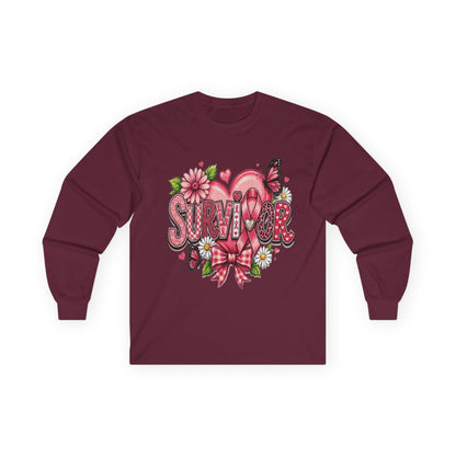 Survivor Floral Ribbon Long Sleeve Tee — Breast Cancer Awareness