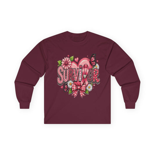 Survivor Floral Ribbon Long Sleeve Tee — Breast Cancer Awareness